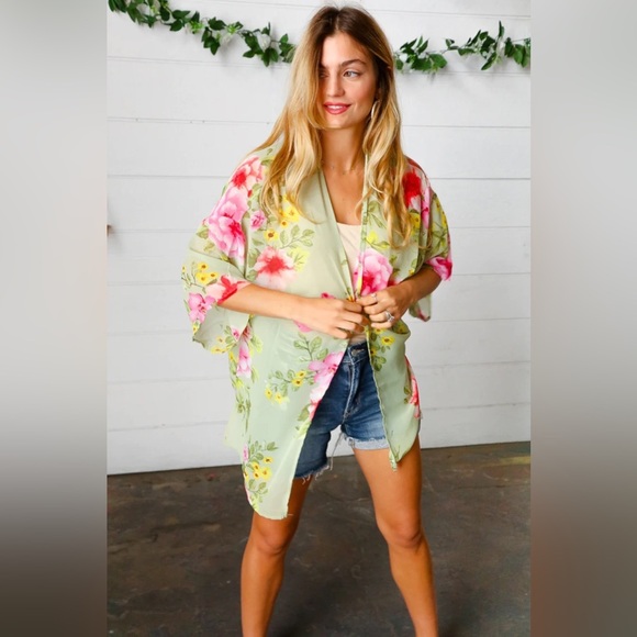 Haptics Other - Sage Floral Print Chiffon Cover Up Kimono